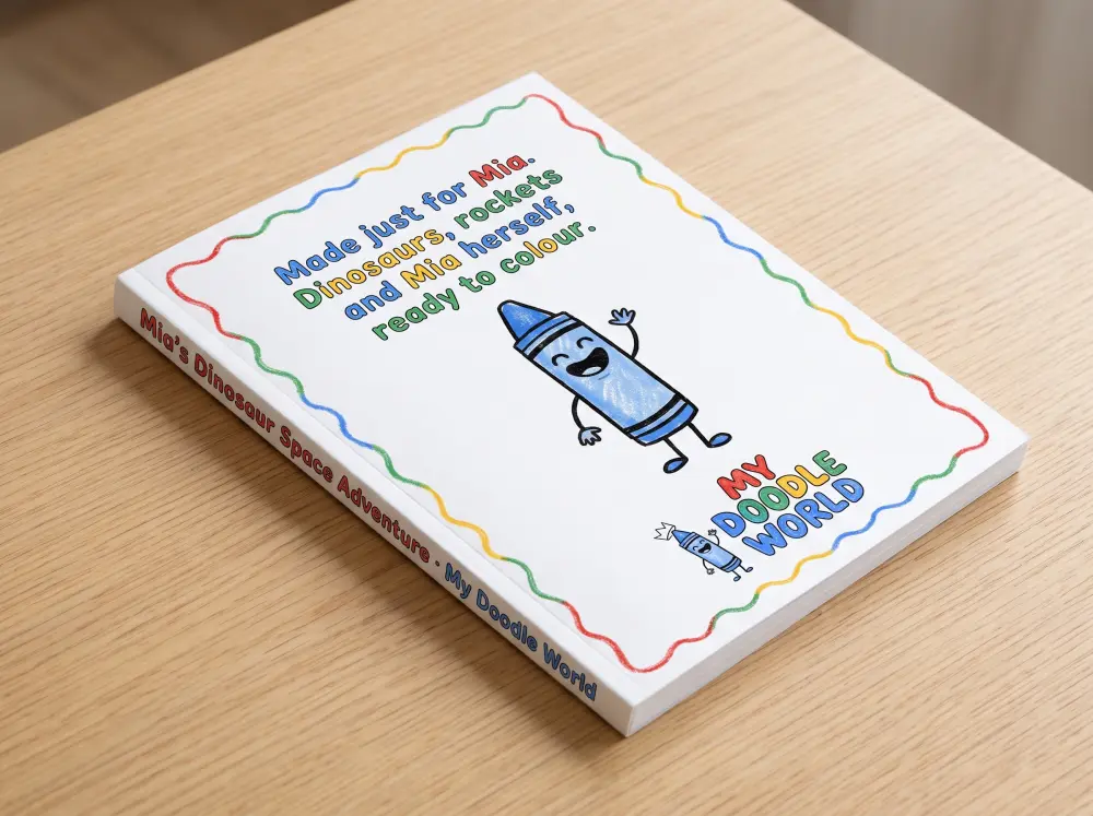 Mock-up: the back cover and spine of a printed book called Mia’s Dinosaur Space Adventure