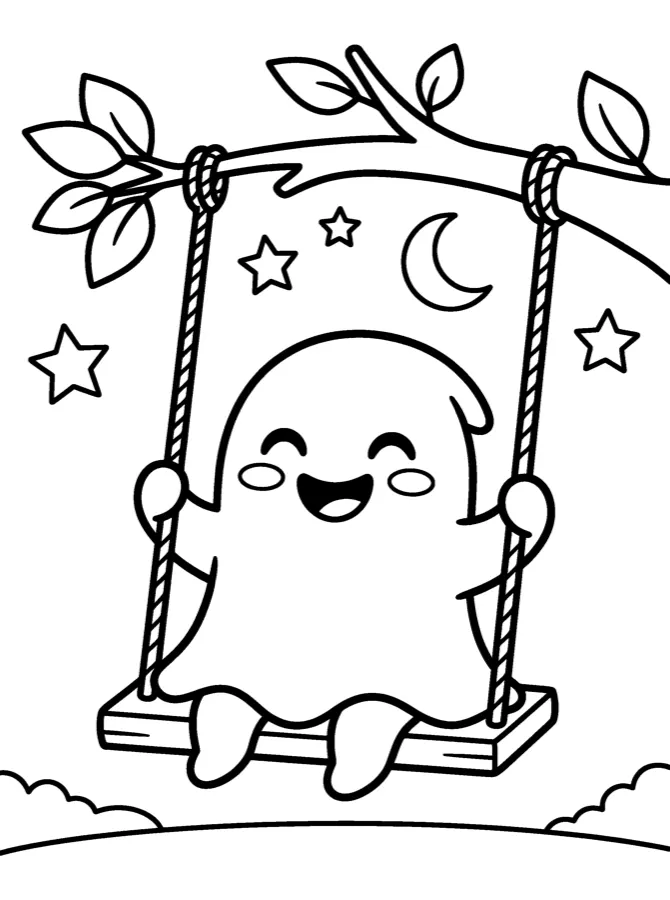 Halloween page: a happy ghost on a swing under the moon and stars
