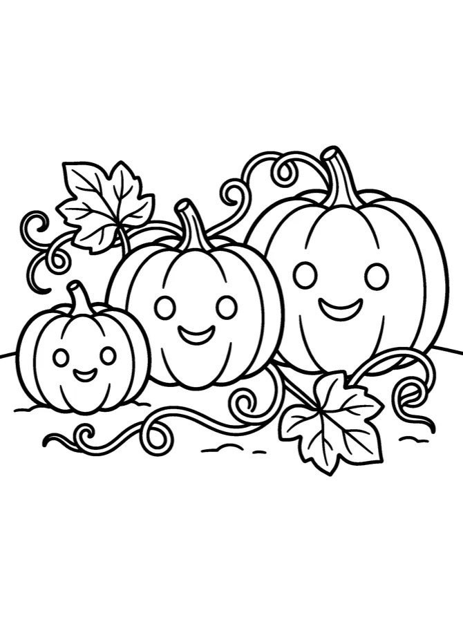 Halloween page: three smiling pumpkins in a patch with curly vines