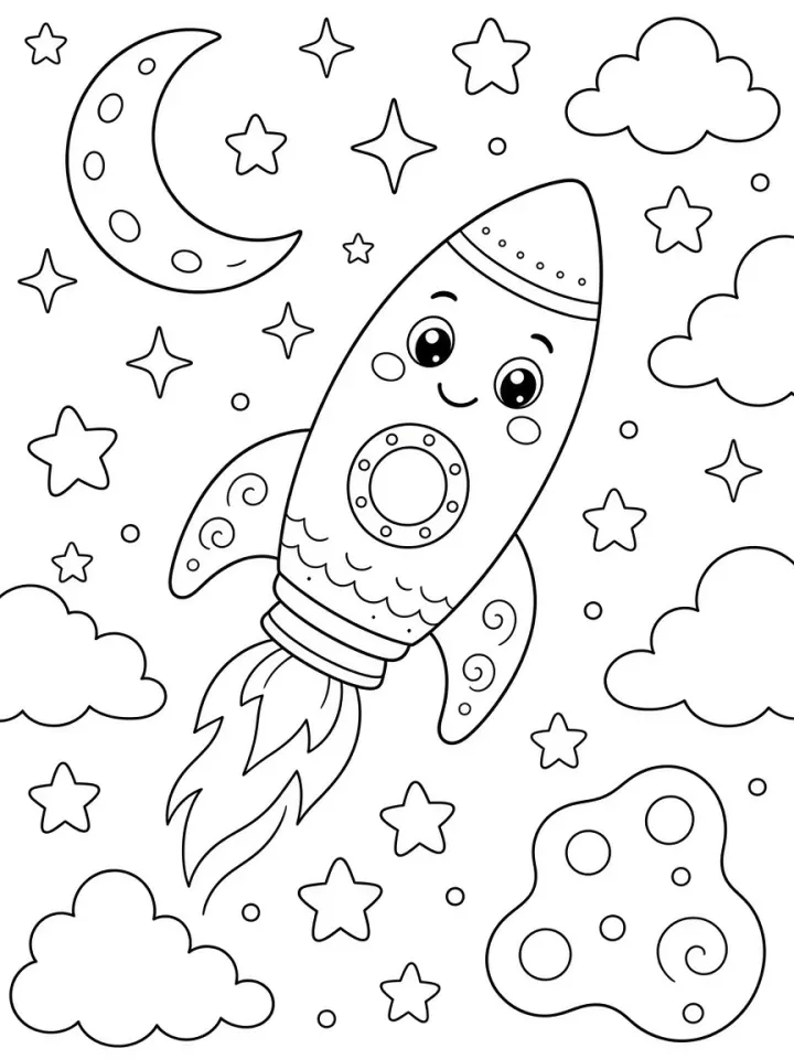 Hard page: a rocket with a face flying past the Moon, stars and clouds