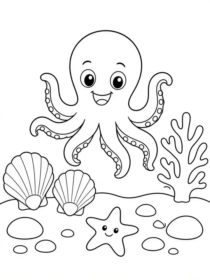 Medium page: a smiling octopus with seashells, coral and a starfish