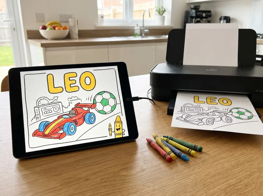 Mock-up: a coloured page with the name Leo on a tablet, and the same page coming out of a home printer